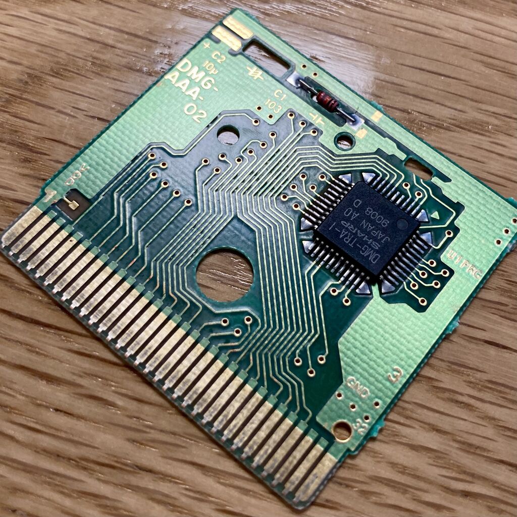 Photograph of the Tetris PCB, with one large IC in the upper right-hand corner